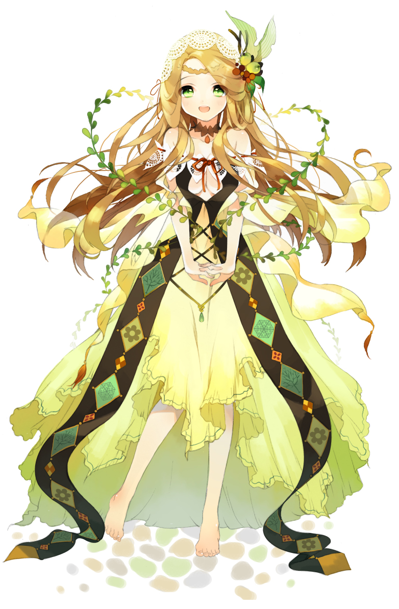 barefoot blonde_hair breasts cherrypin choker cleavage cleavage_cutout doily dress feet flower green_eyes hair_flower hair_ornament happy long_hair looking_at_viewer no_bra open_mouth original simple_background smile solo standing very_long_hair vines