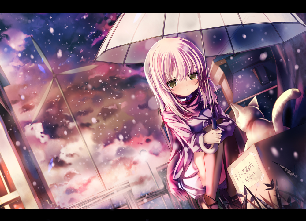 cat dress for_adoption green_eyes house original pink_hair purple_dress shino_(eefy) solo tears translated translation_request umbrella upskirt wind_turbine windmill