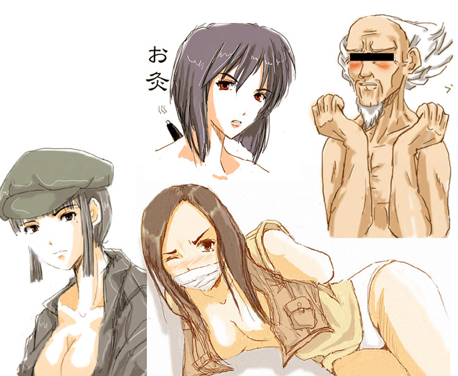 arms_behind_back bald bangs bare_shoulders beard black_hair blunt_bangs blush bob_cut bottomless bound_arms breasts brown_eyes cabbie_hat censored character_request cleavage facial_hair gagged ghost_in_the_shell ghost_in_the_shell_stand_alone_complex hat identity_censor jacket kusanagi_motoko long_hair mole nikuman_hanten nude old_man open_clothes open_shirt over_the_mouth_gag panties payot red_eyes shirt short_hair translated underwear wink