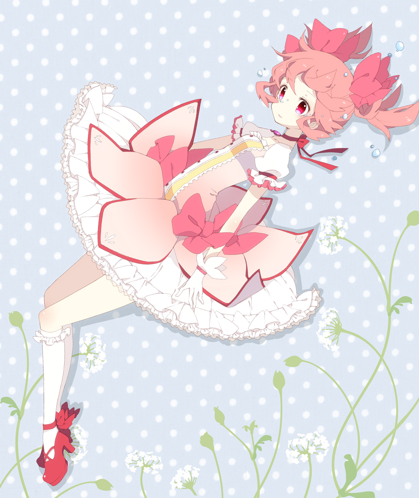 chico152 choker floating floral_background frills gloves kaname_madoka kneehighs magical_girl mahou_shoujo_madoka_magica pink_eyes pink_hair polka_dot polka_dot_background puffy_sleeves shoes short_hair short_twintails tears twintails white_gloves white_legwear