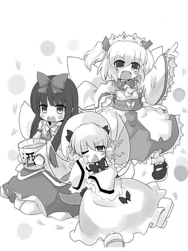 &gt;:d 3girls :d arm_up bangs blunt_bangs blush bow bucket dress drill_hair fairy_wings hair_bow long_hair long_sleeves luna_child maid_headdress mary_janes multiple_girls obi open_mouth rubbing_eyes sanekazura seiza shoes short_twintails sitting smile standing star_sapphire sunny_milk touhou twintails wings wink yawning