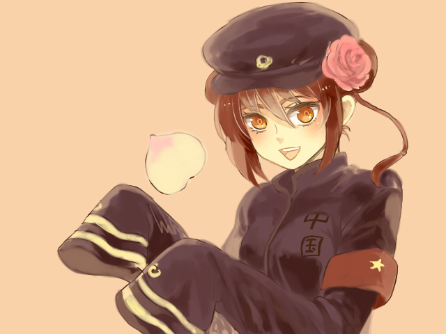 :d axis_powers_hetalia bad_id brown_hair china_(hetalia) double_bun flower genderswap hair_flower hair_ornament hat kunpu open_mouth payot simple_background sleeves_past_wrists smile solo translated yellow_eyes