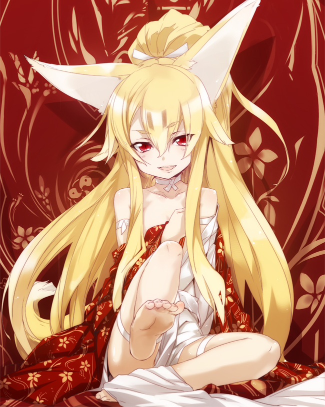 bare_shoulders barefoot blonde_hair bunbun choker face feet foot fox_ears fox_tail legs long_hair original outstretched_leg ponytail pov_feet red_eyes smile soles solo tail toes