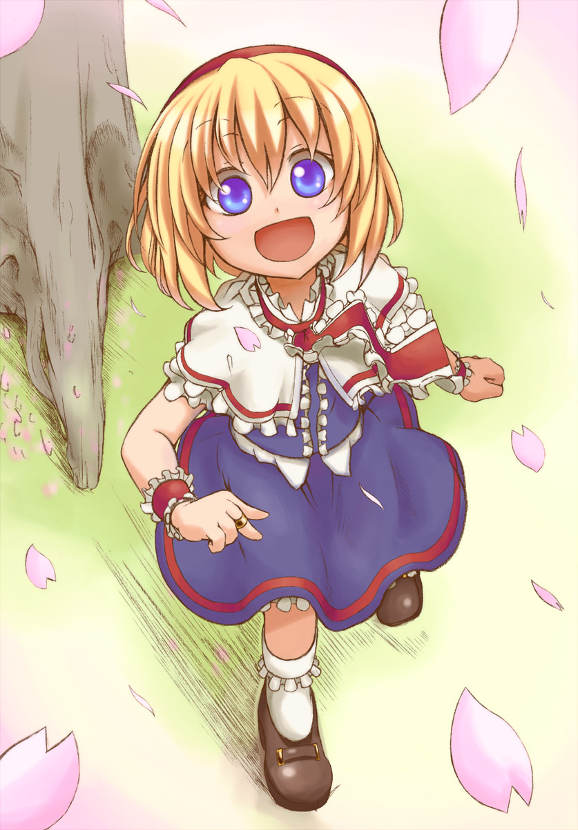 :d alice_margatroid blonde_hair blue_eyes capelet cherry_blossoms from_above hairband highres jewelry kashipam kashipam003 open_mouth petals ribbon ring short_hair smile solo touhou tree wrist_cuffs