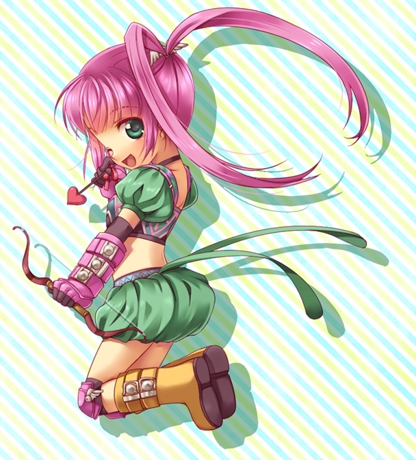 ;d boots bow_(weapon) bubble_skirt chelsea_torn choker crop_top dress gloves green_dress green_eyes hair_ornament hairpin jumping long_hair midriff open_mouth pink_hair ponytail sensaki_chihiro shorts skirt smile solo tales_of_(series) tales_of_destiny twintails weapon wink