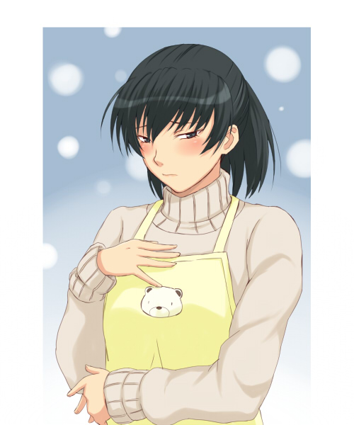 1girl amagami apron black_hair blush ponytail solo sweater toki_(artist) tsukahara_hibiki