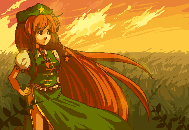 braid cloud clouds dress grass green_dress hand_on_hip hat hips hong_meiling long_hair lowres outdoors outside red_hair redhead serious side_slit standing tabashio touhou twilight very_long_hair