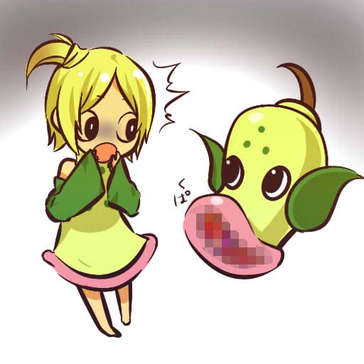 1girl :o bare_shoulders barefoot blonde_hair censored detached_sleeves dress green_dress hands_to_mouth hitec moemon one_side_up open_mouth personification pokemon pokemon_(creature) pokemon_(game) pokemon_rgby short_hair side_ponytail source_request suprised surprised translation_request weepinbell white_background