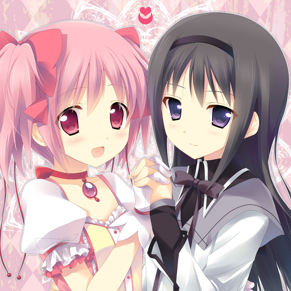akemi_homura black_hair blue_eyes bust choker crescent gloves hairband hand_holding hands_clasped heart holding_hands interlocked_fingers kaname_madoka long_hair magical_girl mahou_shoujo_madoka_magica mitchie mitsu_king multiple_girls open_mouth pink_eyes puffy_sleeves purple_eyes red_eyes red_hair redhead short_hair short_twintails smile twintails violet_eyes white_gloves