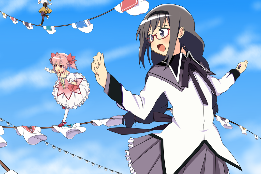 akemi_homura black_hair boots braid bubble_skirt clothesline collar detached_sleeves glasses gloves hair_ribbon hairband kaname_madoka long_hair magical_girl mahou_shoujo_madoka_magica multiple_girls nishima_amane open_mouth pink_eyes pink_hair pleated_skirt purple_eyes red-framed_glasses ribbon shoes short_twintails skirt spoilers thigh-highs thighhighs tomoe_mami twin_braids twintails violet_eyes witch's_labyrinth witch's_labyrinth zettai_ryouiki