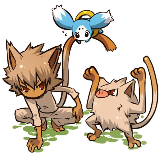 1boy animal_ears barefoot black_hair brown_eyes brown_hair character_request cosplay crossover grey_hair hair hitec human male mankey mieu moemon pokemon pokemon_(creature) pokemon_(game) pokemon_rgby red_eyes short_hair squatting tail tail_wrap tales_of_(series) tales_of_the_abyss