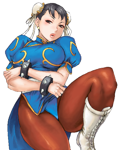 boots bracelet breasts bun_cover china_dress chinese_clothes chun-li cross-laced_footwear crossed_arms double_bun jewelry knee_boots large_breasts leg_up legs lips lowres matoyama pantyhose short_hair spiked_bracelet spikes street_fighter thick_thighs thighs