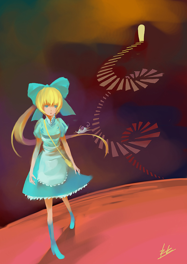 alice alice_(wonderland) alice_in_wonderland bag blonde_hair blue_eyes boots dress frills fringe hair_ribbon long_hair mouse no_lineart puffy_sleeves purse reise ribbon signature solo very_long_hair