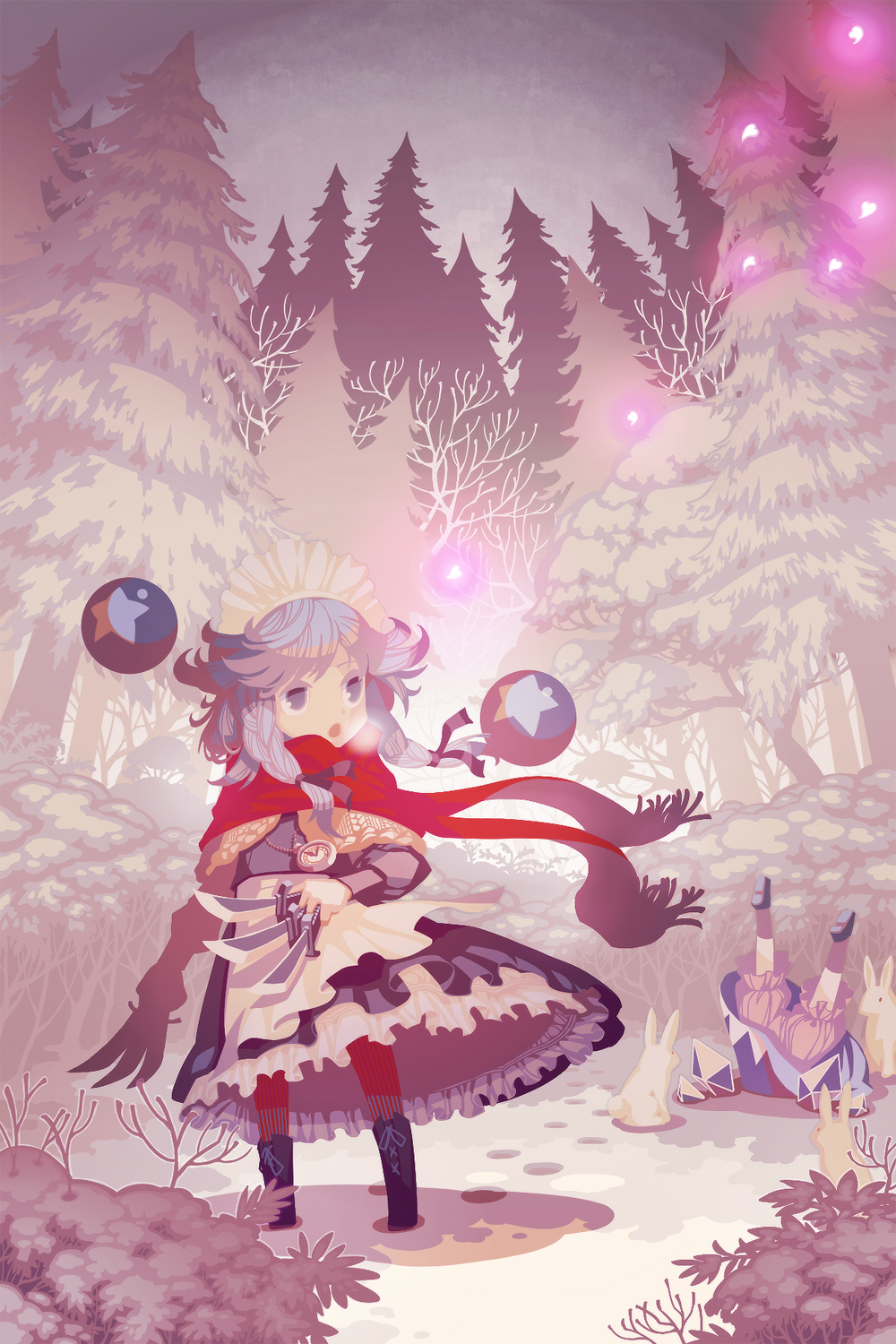 ball bloomers boots braid breath bunny cirno faceplant failure fallen_down footprints forest highres izayoi_sakuya knife maid_headdress multiple_girls nature no_hat orb outdoors pantyhose perfect_cherry_blossom petals pocket_watch rabbit scarf scenery short_hair silver_hair snow star throwing_knife touhou tree twin_braids upside-down vertical-striped_legwear vertical_stripes watch weapon winter winter_clothes zounose