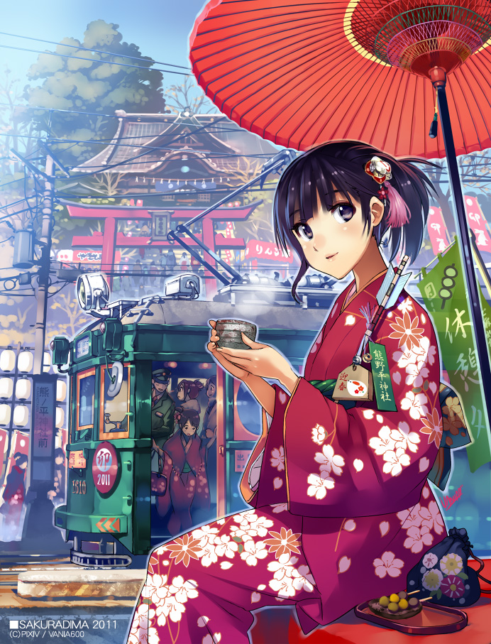 arrow black_hair brown_eyes dango face festival food hamaya hands japanese_clothes kimono lips locomotive oriental_umbrella original power_lines revised revision scenery short_hair shrine sitting solo streetcar torii train umbrella vania600 wagashi