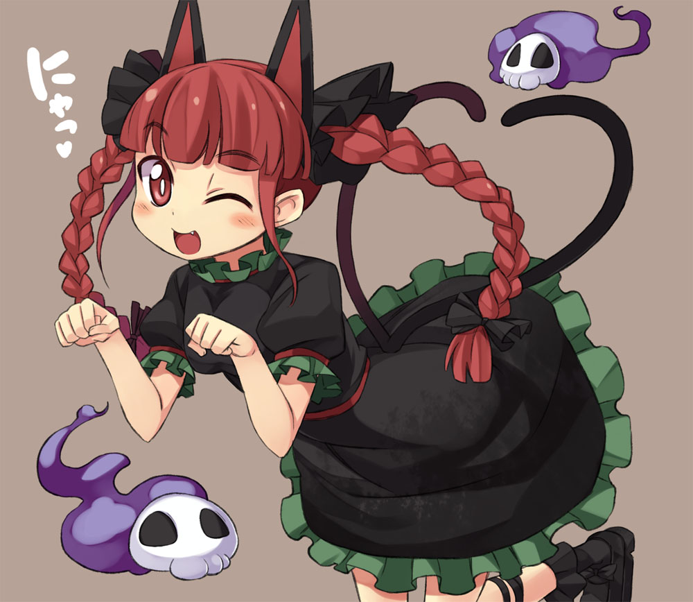 ;d animal_ears blush braid cat_ears cat_pose cat_tail chacha_(tyatya) dress extra_ears fang heart heart_tail kaenbyou_rin long_hair looking_at_viewer multiple_tails nyan open_mouth paw_pose red_eyes red_hair redhead simple_background skull smile solo tail touhou twin_braids twintails wink