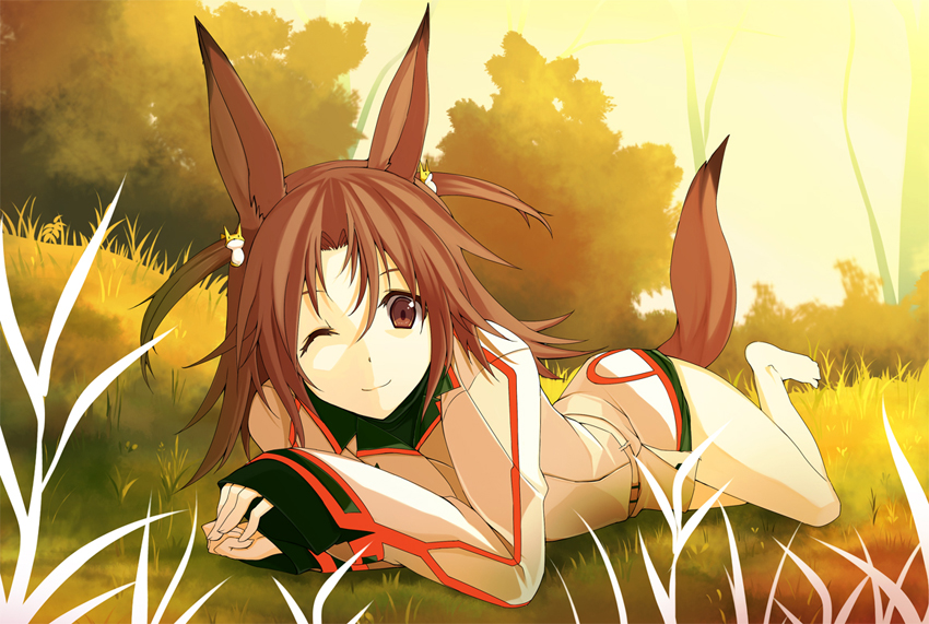 barefoot brown_eyes brown_hair earrings grass infinite_stratos jewelry lying minoinomi nature nohotoke_honne on_stomach smile solo tail uniform wink