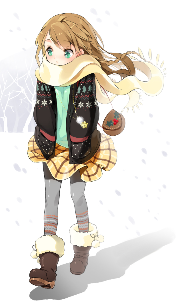 bag blonde_hair boots braid cherrypin green_eyes hands_in_pockets jacket jewelry long_hair original pantyhose pendant purse scarf shadow skirt snow solo walking winter winter_clothes