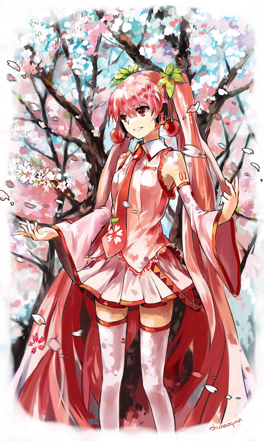 1girl bangs cherry cherry_blossoms collared_shirt detached_sleeves feet_out_of_frame female food food_themed_hair_ornament fruit hair_ornament hatsune_miku headset highres long_hair looking_away miniskirt necktie outdoors pink_legwear pink_sleeves pink_thighhighs pleated_skirt qianshuhao red_eyes red_hair red_necktie red_neckwear redhead sakura_miku shirt skirt sleeveless sleeveless_shirt solo standing thigh-highs thighhighs twintails very_long_hair vocaloid wide_sleeves zettai_ryouiki