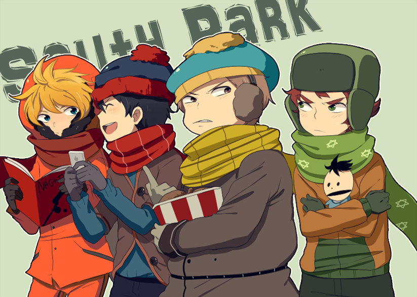 baby blonde_hair blue_eyes book brothers brown_eyes child earmuffs eric_cartman gloves green_eyes hat ike_broflovski kenny_mccormick kyle_broflovski laphy male multiple_boys open_book open_mouth scarf short_hair siblings south_park stan_marsh teeth