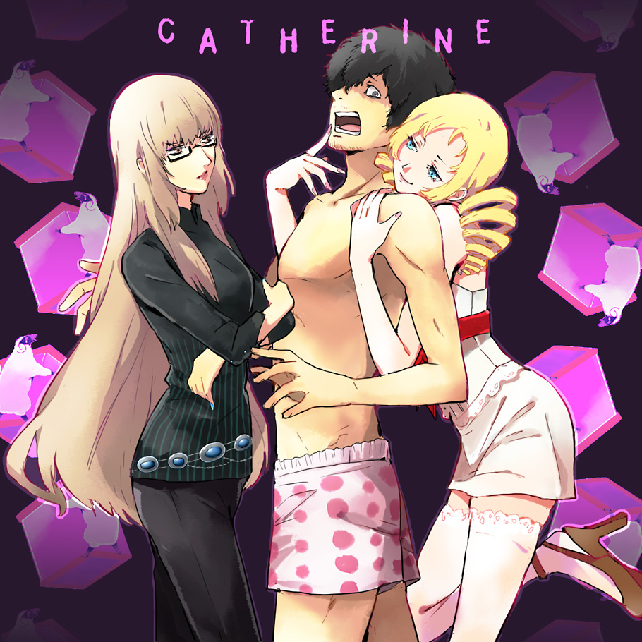 belt black_hair blonde_hair blue_eyes boxers breasts brown_eyes brown_hair catherine catherine_(game) chest drill_hair frown glasses grey_eyes high_heels katherine_mcbride lips lipstick long_hair love_triangle makeup multiple_girls polka_dot r_(corolla) sheep shoes short_twintails smile sweater thighhighs twintails underwear vincent_brooks white_legwear zettai_ryouiki