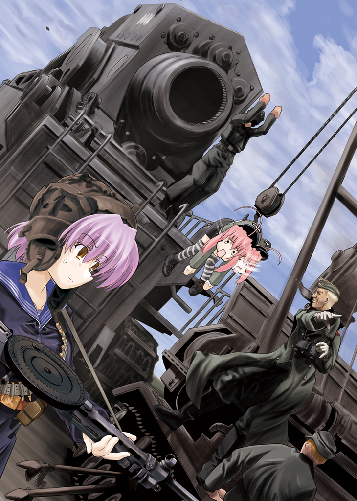 arms_up bauer brown_eyes crane dp-27 dp-28 dutch_angle excel_(artist) flying_saucer gun hat headgear karl_gerat ladder mc_axis military military_uniform mortar_(weapon) no_nose open_mouth original pink_hair pointing purple_hair sailor sailor_uniform space_craft striped striped_legwear striped_thighhighs sweatdrop teardrop thigh-highs thighhighs ufo uniform weapon