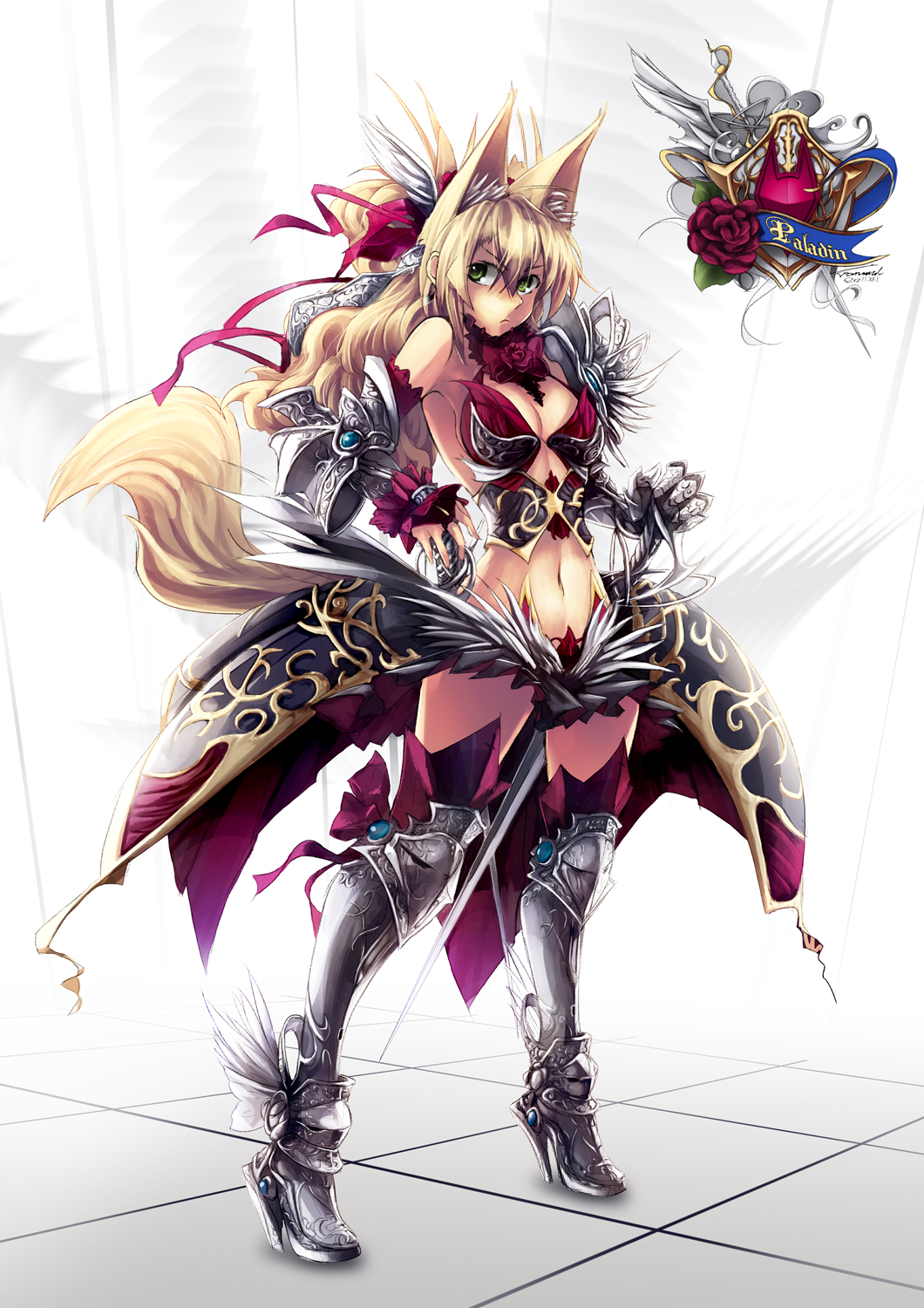 animal_ears armor blonde_hair boots bow breasts bridal_gauntlets bustier cleavage fox_ears fox_tail gauntlets glycyrrhizae greaves green_eyes hair_bow hair_ribbon high_heels highres lingerie long_hair midriff navel original pleated_skirt ribbon shoes skirt solo standing sword tail thigh-highs thigh_boots thighhighs underwear weapon