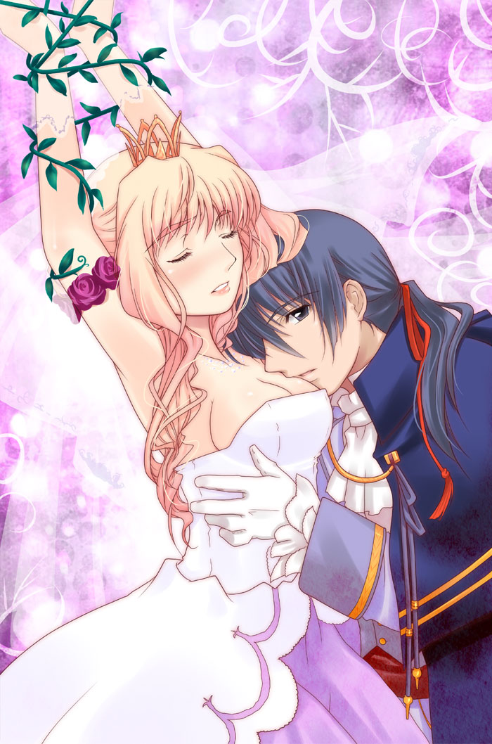 blonde_hair blue_hair bound_wrists breast_pillow breasts cleavage closed_eyes couple dress eyes_closed face lips long_hair macross macross_frontier nuzzle patoto ponytail saotome_alto sheryl_nome veil vines wedding_dress