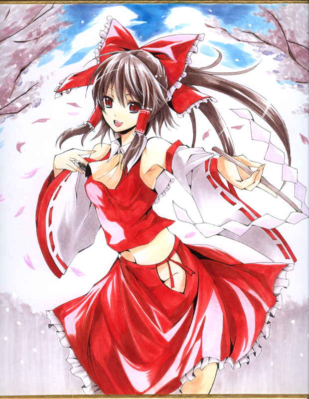 armpits atoshi bare_shoulders bow cherry_blossoms detached_sleeves dress hair_bow hakurei_reimu japanese_clothes midriff miko millipen_(medium) no_panties outstretched_arm red_dress red_eyes shikishi smile solo touhou traditional_media tree