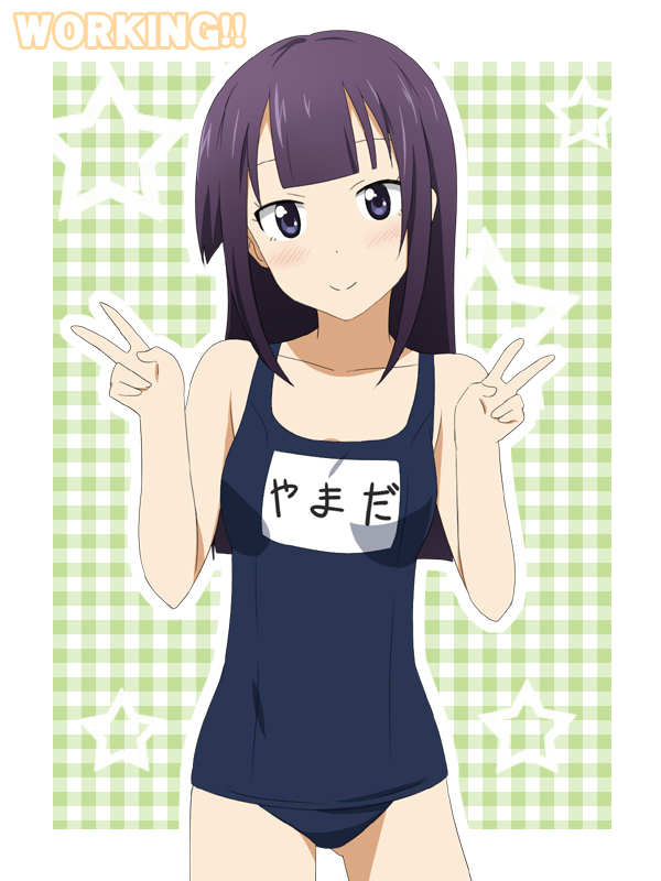 bangs bare_shoulders blunt_bangs clothes_writing clothing_writing collarbone double_v ikari_manatsu long_hair looking_at_viewer name_tag purple_eyes purple_hair school_swimsuit smile solo standing star swimsuit tsurime v violet_eyes working!! yamada_aoi