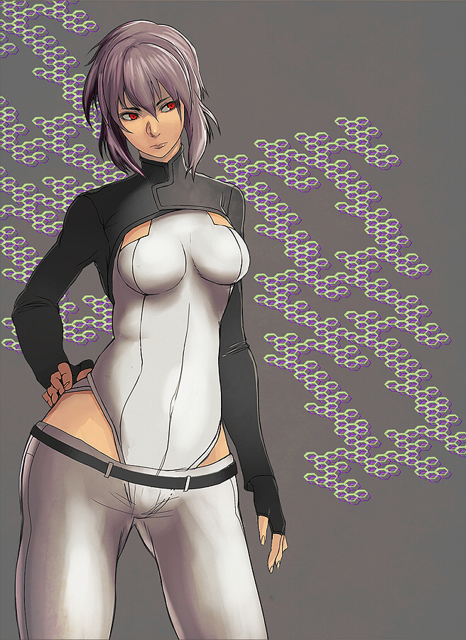 belt black_gloves fingerless_gloves ghost_in_the_shell ghost_in_the_shell_stand_alone_complex gloves hands_on_hips hips kusanagi_motoko leotard lips niiyaso pants purple_hair red_eyes short_hair solo wide_hips