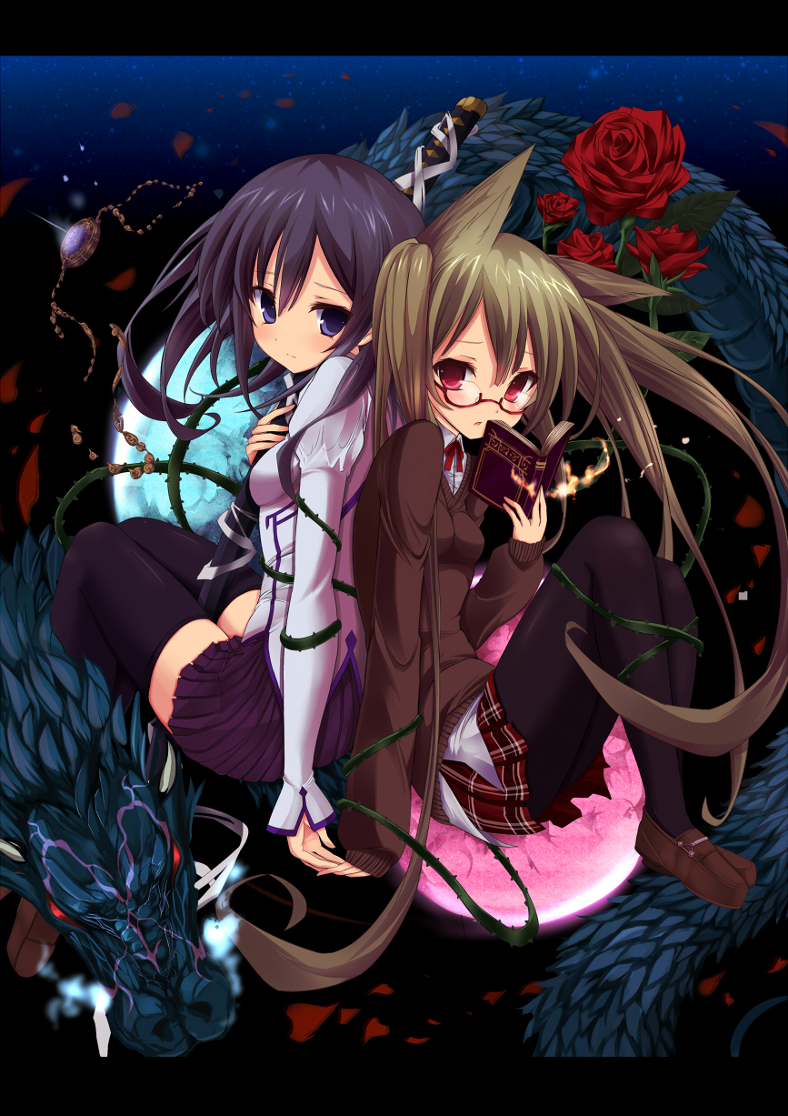 animal_ears back-to-back bad_id black_hair black_legwear blue_eyes blush book brown_hair dragon flower glasses hand_holding highres holding_hands katana letterboxed loafers long_hair moon multiple_girls original pantyhose plaid plaid_skirt pleated_skirt red_eyes red_moon shoes shugami sitting skirt sweater sword tartan thigh-highs thighhighs twintails weapon