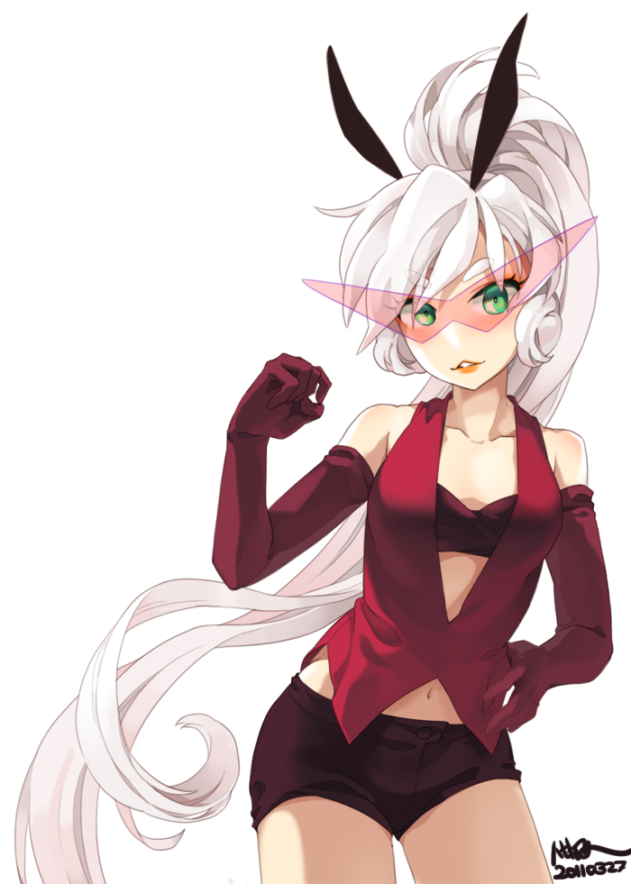 bad_id bunny_ears buttons detached_sleeves glasses gloves hand_on_hip hips kamina_shades lips lipstick long_hair makeup navel open_mouth original ponytail shorts smile solo sunglasses very_long_hair white_hair