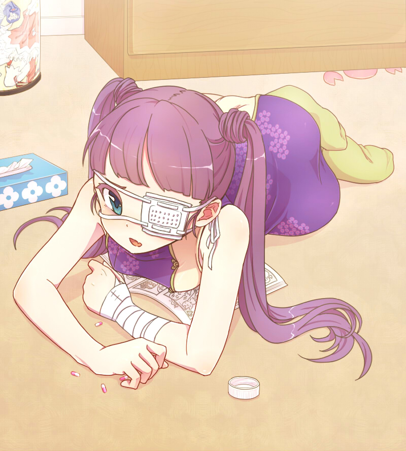 aqua_eyes arm_support bandage bandages china_dress chinese_clothes drugs eyepatch fang footwear itsuki_(otsugei) long_hair lying on_side on_stomach open_mouth original otsugei pill purple_hair socks solo tissue_box twintails