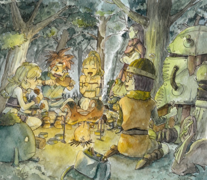 3boys 3girls :t ayla bag blonde_hair boned_meat boots campfire chrono_trigger cooking crono crossed_arms deboo eating fire food forest glasses hat headband helmet kaeru_(chrono_trigger) laughing long_hair lucca_ashtear magus mame8960 marle meat mug multiple_boys multiple_girls nature night nu open_mouth pointy_ears ponytail purple_hair red_hair redhead robo robot short_hair sitting sleeping tree tubetop wrench wristband