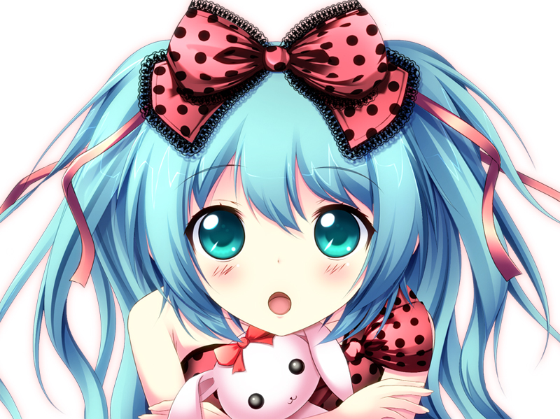 aqua_eyes aqua_hair bow eri_(run) face hair_bow hatsune_miku long_hair simple_background solo stuffed_animal stuffed_toy twintails vocaloid