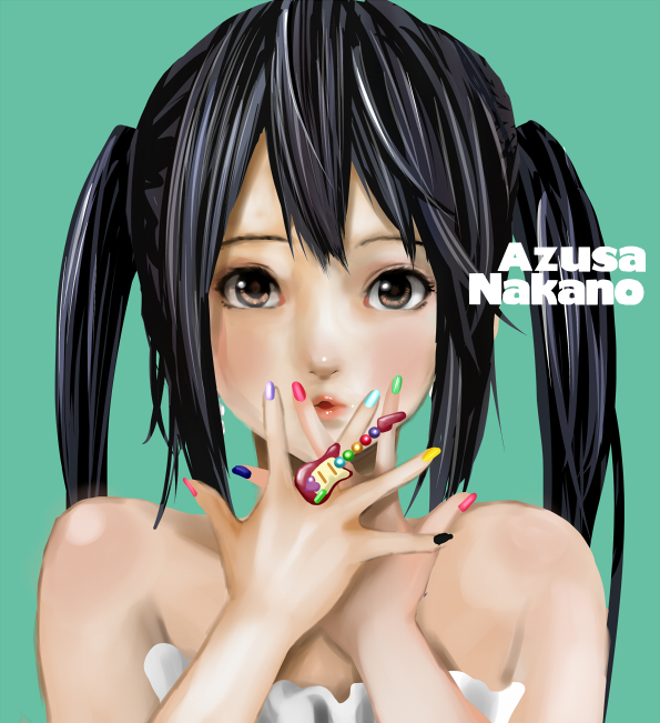black_hair brown_eyes face fingernails guitar hands instrument jewelry k-on! lips nail_polish nakano_azusa nose realistic ring simple_background twintails watanore
