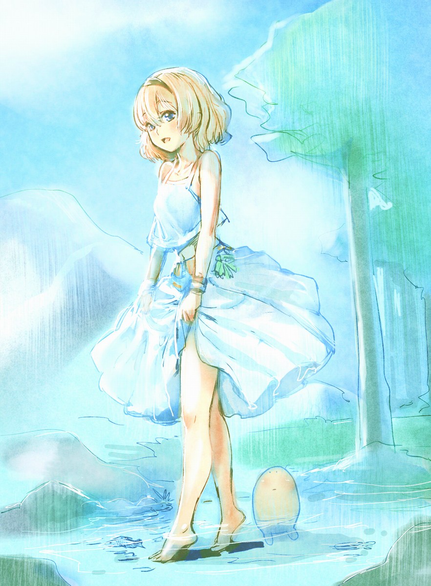 barefoot blonde_hair blue_eyes bow_(artist) bow_(bhp) creature dress dress_lift feet feet_in_water fish flat_chest hairband highres nature open_mouth original outside short_hair skirt skirt_hold solo tiptoes toes tree wading water white_dress
