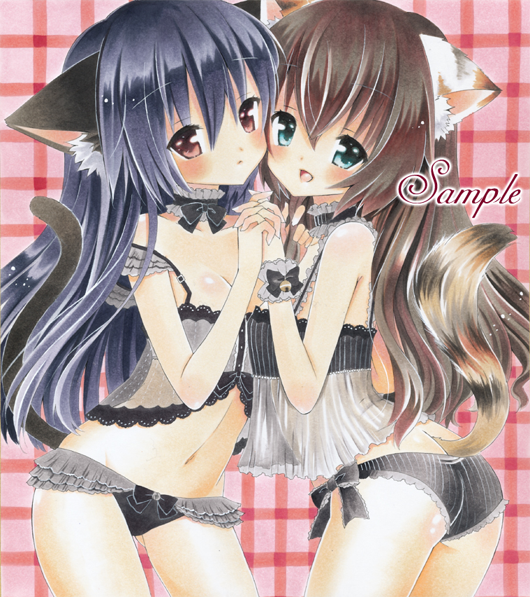 animal_ears ass ayuayu babydoll bell blush breasts camisole cat_ears cleavage lingerie multiple_girls navel original panties sample see-through tail underwear