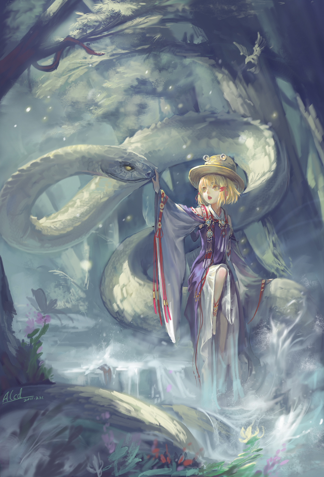 adapted_costume alcd bird blonde_hair branch butterfly dated detached_sleeves embellished_costume flower hat highres mishaguji moriya_suwako nature open_mouth petting signature sitting snake solo stream touhou tree water wet wet_clothes white_snake yellow_eyes