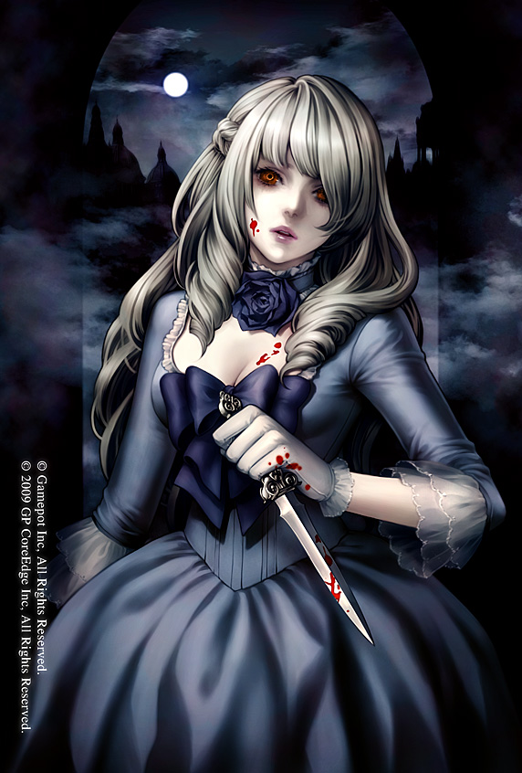 black_rose black_rose_(flower) blood blood_on_face blue_rose bow breasts character_request choker cleavage dress drill_hair flower gloves knife lips long_hair moon night orange_eyes rose silver_hair solo yuki_hayabusa