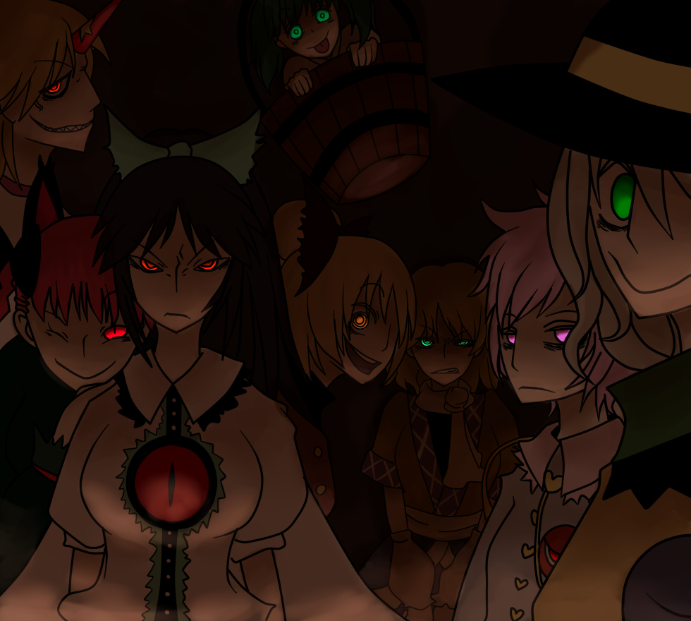 8girls :p angry dark glowing glowing_eyes grin horn hoshiguma_yuugi kaenbyou_rin kisume komeiji_koishi komeiji_satori kurodani_yamame mizuhashi_parsee multiple_girls noumen reiuji_utsuho sharp_teeth smile star subterranean_animism tongue touhou wink you_gonna_get_raped