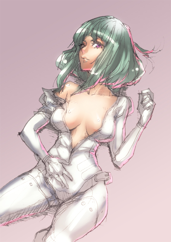 bodysuit breasts face green_hair off_shoulder original pink_eyes sketch solo unzipped