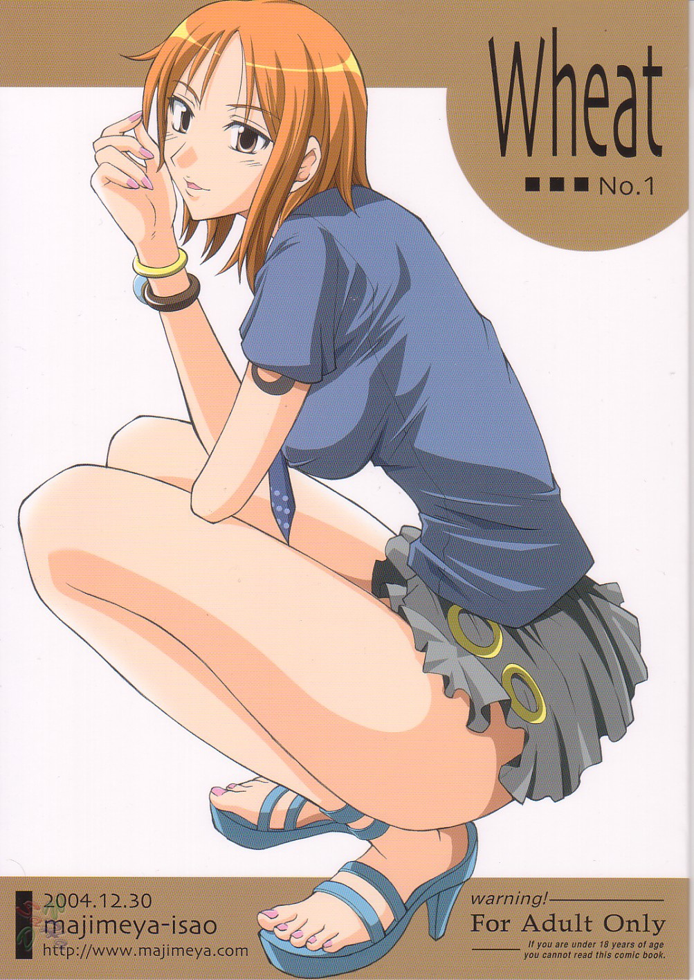 brown_eyes cover cover_page doujin doujinshi feet high_heels highres isao jewelry legs long_legs nail_polish nami necktie one_piece open_mouth orange_hair painted_toenails sandals shoes short_hair skirt solo thighs toenail_polish