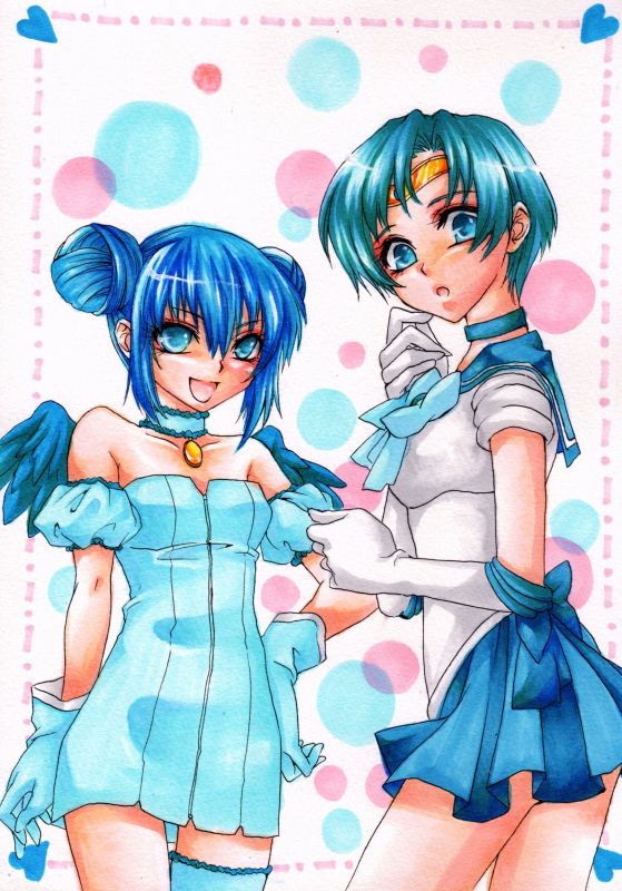 aizawa_mint bare_shoulders bishoujo_senshi_sailor_moon blue blue_eyes blue_hair choker color_connection crossover elbow_gloves gloves hair_bun hand_on_hip hips magical_girl marker_(medium) mew_mint mizuno_ami multiple_girls pixiv sailor_collar sailor_mercury short_hair skirt tokyo_mew_mew traditional_media uingu wings