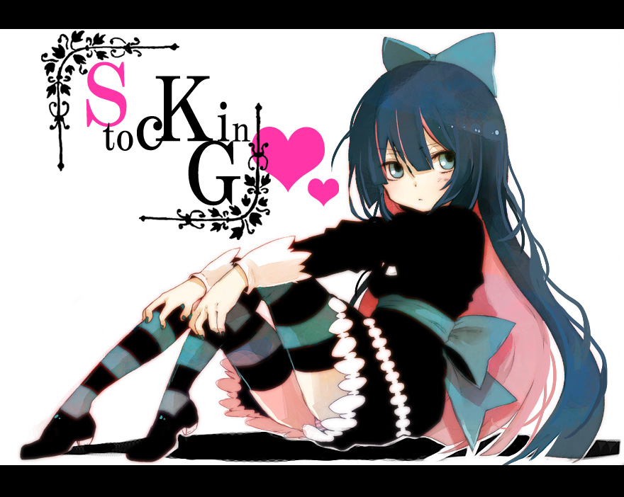 am_(going_nowhere) aqua_eyes blue_hair bow hair_bow heart letterboxed long_hair long_sleeves multicolored_hair nail_polish panties panty_&amp;_stocking_with_garterbelt pink_hair sitting solo stocking_(character) stocking_(psg) striped striped_legwear striped_thighhighs thighhighs underwear