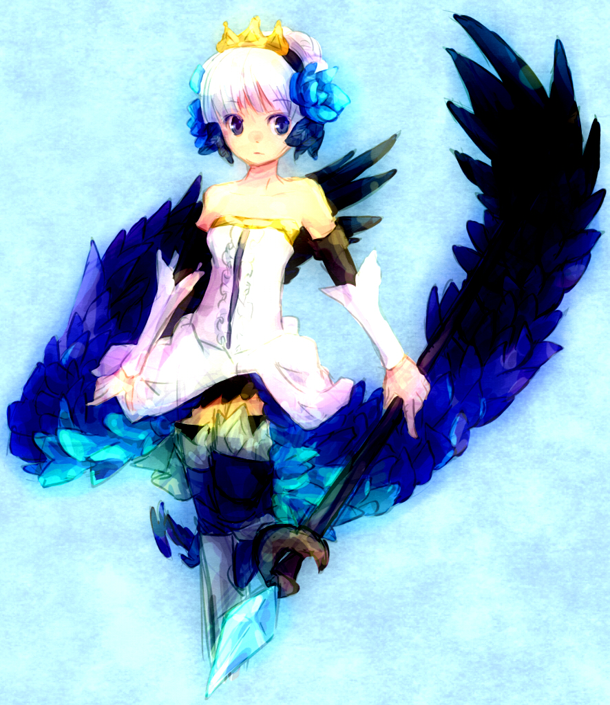 aqua_background armor armored_dress blue_eyes crown feathers gwendolyn koma_tori odin_sphere polearm silver_hair spear thigh-highs thighhighs weapon wings