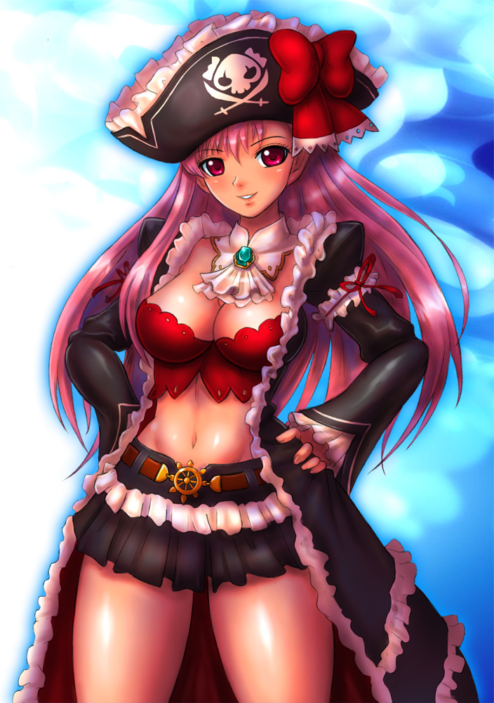 arm_garter belt boken_fantasy bow breasts bustier captain_liliana cleavage coat frills hands_on_hips hat jolly_roger lingerie midriff miniskirt navel pink_eyes pink_hair pirate_hat pleated_skirt queen's_blade queen's_blade_rebellion queen's_blade queen's_blade_rebellion skirt skull_and_crossbones skull_and_crossed_swords smile solo thighs underwear