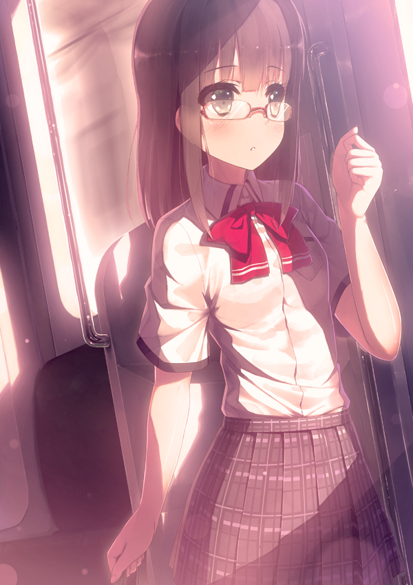 blue_hair blush bow brown_eyes brown_hair bus bus_interior glasses light motor_vehicle original plaid plaid_skirt pleated_skirt ribbon school_uniform shiva shiva_(artist) shiva_(executor) short_sleeves skirt solo tartan train train_interior vehicle