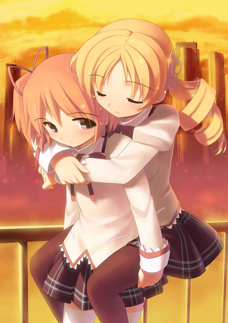 black_legwear blonde_hair blush brown_eyes building carrying city closed_eyes cloud clouds drill_hair eyes_closed face hair_ornament hands hug hug_from_behind jiji kaname_madoka mahou_shoujo_madoka_magica multiple_girls pantyhose piggyback pink_hair plaid plaid_skirt pleated_skirt rail railing school_uniform skirt sunset thigh-highs thighhighs tomoe_mami twin_drills twintails white_legwear zettai_ryouiki